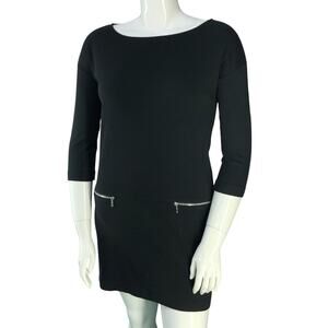 Joan Vass Womens Size M Dress Cotton Boat Neck 3/4 Sleeve Interlock Zip Pockets